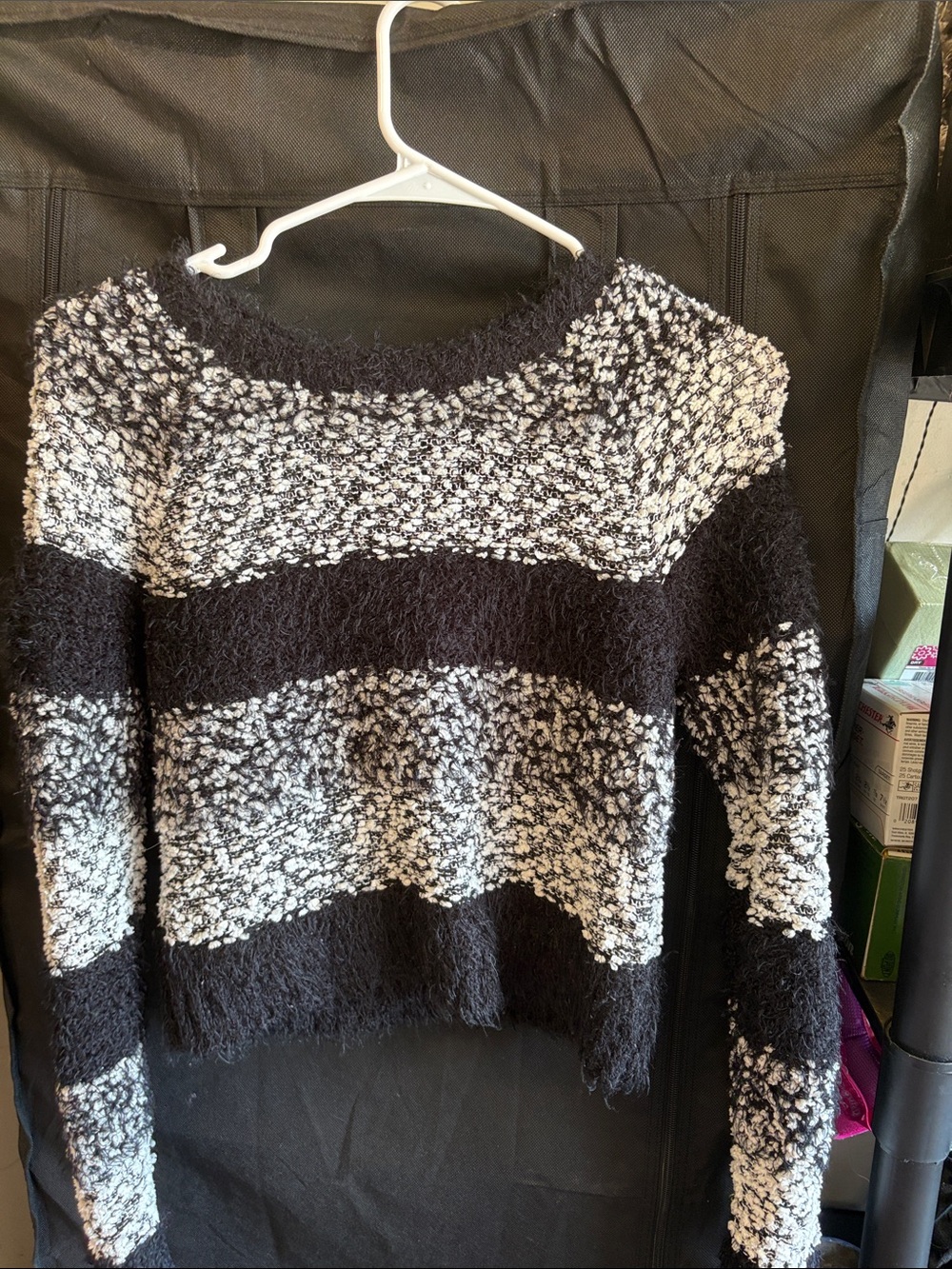 Trillium Black and White Striped Fuzzy Crop Sweater